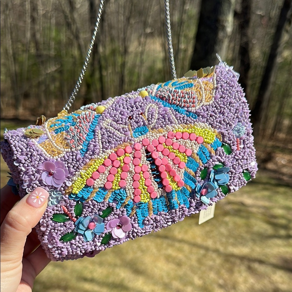 NWT Purple butterfly viral Colorful Beaded Clutch bag